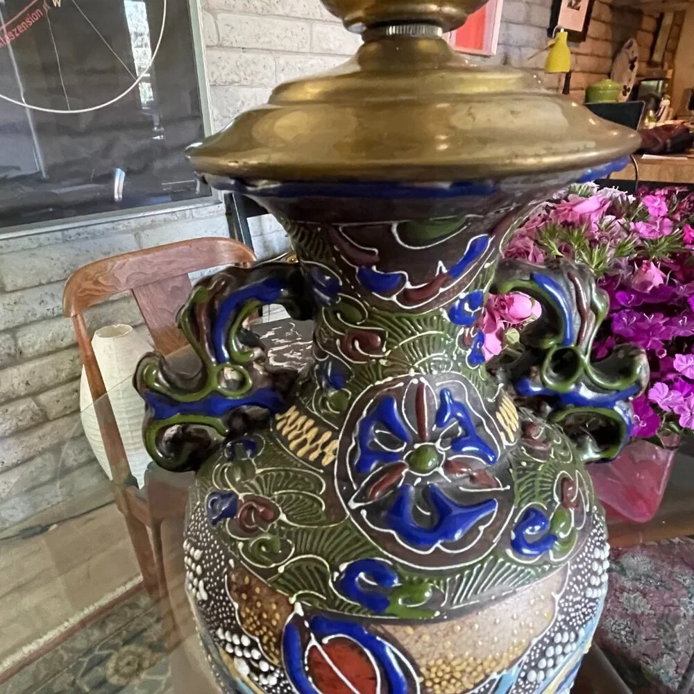 Vintage Japanese Moriage Multcolor Raised Designs Tall Lamp